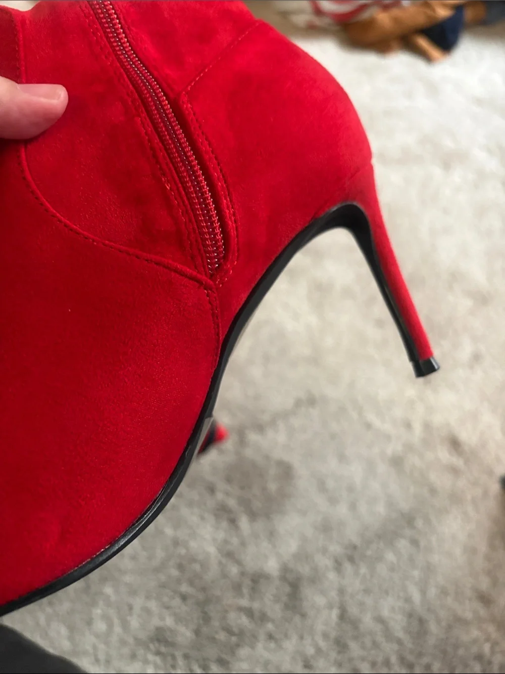 Elizabeth Tang cherry Red Over-the-Knee Stiletto Boot with Pointed Toe size 7.5